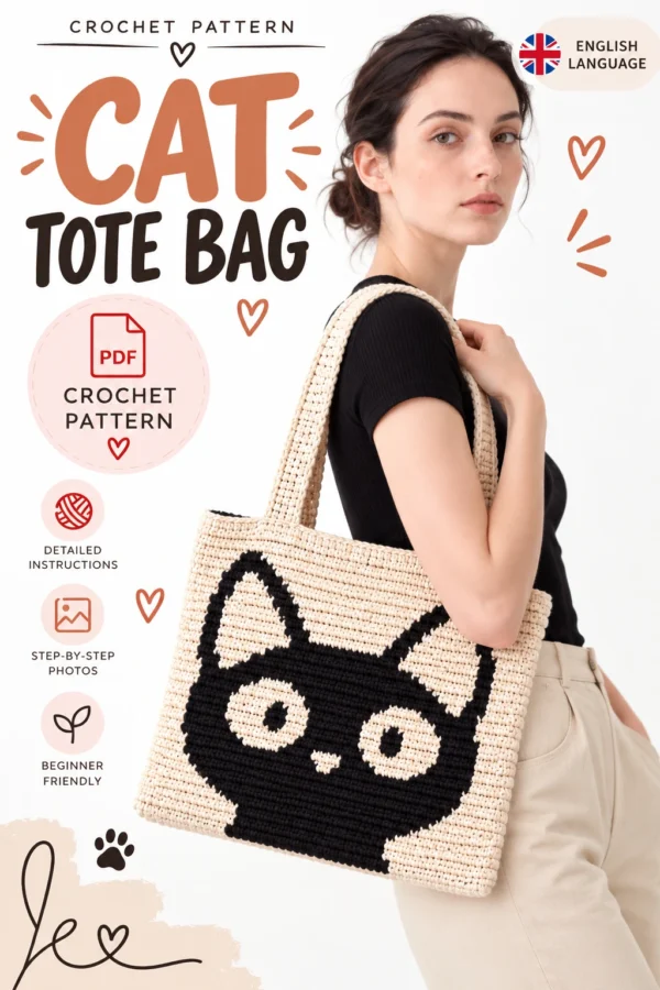 CAT TOTE BAG CROCHET PATTERN – DIGITAL PDF